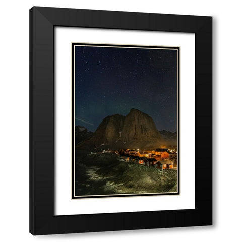 Norway- Lofoten Islands. Aurora Borealis In the sky above Hamnoy in Reine Black Modern Wood Framed Art Print with Double Matting by Looney, Hollice