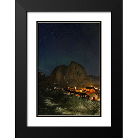 Norway- Lofoten Islands. Aurora Borealis In the sky above Hamnoy in Reine Black Modern Wood Framed Art Print with Double Matting by Looney, Hollice