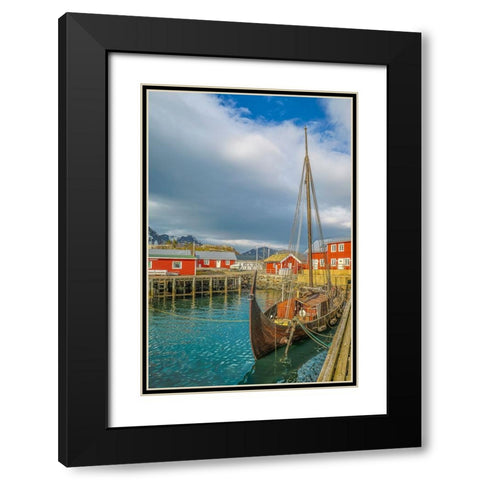 Norway- Lofoten Islands. Ballstadoy from across the lake Black Modern Wood Framed Art Print with Double Matting by Looney, Hollice