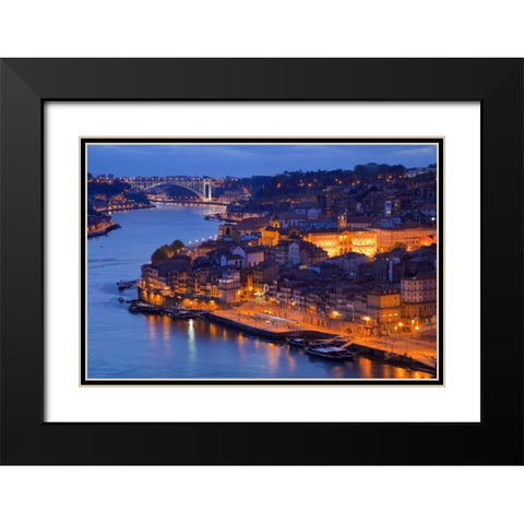 Portugal, Porto Overview of city at night Black Modern Wood Framed Art Print with Double Matting by Zuckerman, Jim