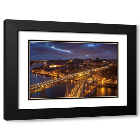 Portugal, Porto Dom Luis I Bridge lit at night Black Modern Wood Framed Art Print with Double Matting by Zuckerman, Jim