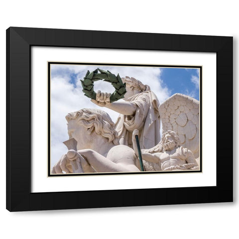 Portugal-Lisbon-Close-up of sculptures at the top of 18th century Arco da Rua Augusta-Statue of Glo Black Modern Wood Framed Art Print with Double Matting by Eggers, Julie