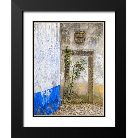 Portugal-Obidos-Red rose growing in a corner of street in Obidos Black Modern Wood Framed Art Print with Double Matting by Eggers, Julie
