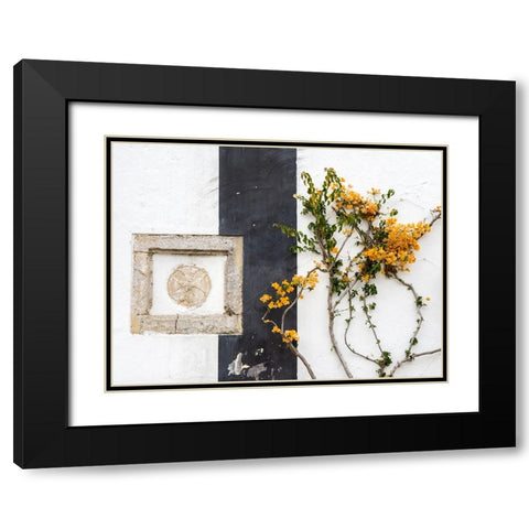 Portugal-Obidos-Orange bougainvillea growing against a wall and carved sculpture on wall Black Modern Wood Framed Art Print with Double Matting by Eggers, Julie