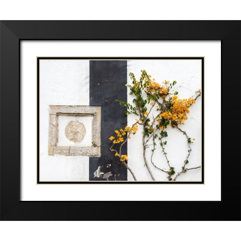 Portugal-Obidos-Orange bougainvillea growing against a wall and carved sculpture on wall Black Modern Wood Framed Art Print with Double Matting by Eggers, Julie