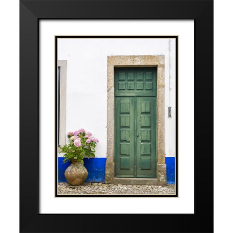 Portugal-Obidos-Pink hydrangea in terracotta pot next to a green door Black Modern Wood Framed Art Print with Double Matting by Eggers, Julie