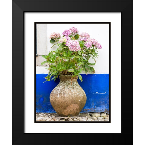 Portugal-Obidos-Pink hydrangea in an old pottery against a white and blue wall on the streets of Ob Black Modern Wood Framed Art Print with Double Matting by Eggers, Julie