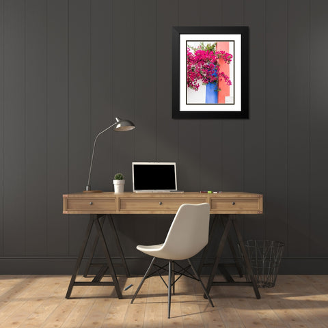 Portugal-Obidos-Dark pink bougainvillea vine against a blue-orange and white striped wall Black Modern Wood Framed Art Print with Double Matting by Eggers, Julie