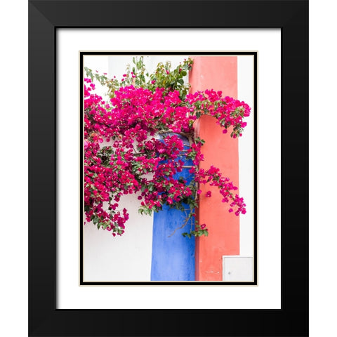 Portugal-Obidos-Dark pink bougainvillea vine against a blue-orange and white striped wall Black Modern Wood Framed Art Print with Double Matting by Eggers, Julie