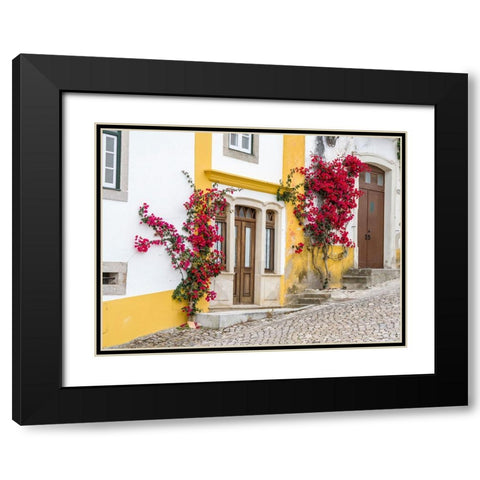 Portugal-Obidos-Dark pink bougainvillea vine growing along side the entrance of a home in the walle Black Modern Wood Framed Art Print with Double Matting by Eggers, Julie