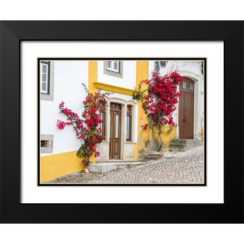 Portugal-Obidos-Dark pink bougainvillea vine growing along side the entrance of a home in the walle Black Modern Wood Framed Art Print with Double Matting by Eggers, Julie