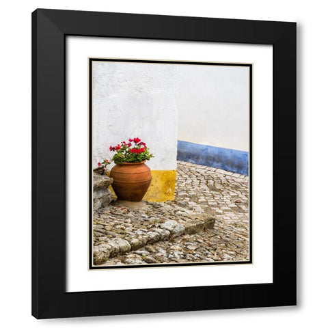 Portugal-Obidos-Red geranium growing in a terra cotta pot next to the entrance of a home in the his Black Modern Wood Framed Art Print with Double Matting by Eggers, Julie