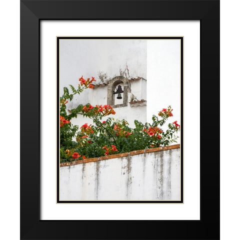 Portugal-Obidos-Orange trumpet vine growing below a church bell in the medieval village of Obidos Black Modern Wood Framed Art Print with Double Matting by Eggers, Julie