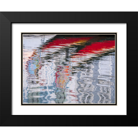 Portugal-Aveiro-Reflections of traditional and colorful salt boats-called Moliceiro-in the canals o Black Modern Wood Framed Art Print with Double Matting by Eggers, Julie