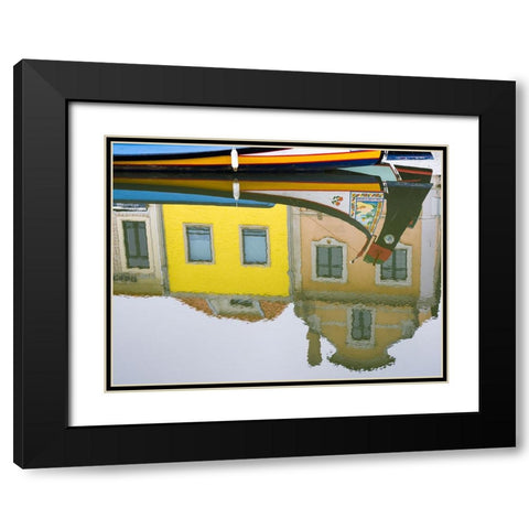 Portugal-Aveiro-Reflection of colorful buildings and painted Moliceiro boats in the canal Black Modern Wood Framed Art Print with Double Matting by Eggers, Julie