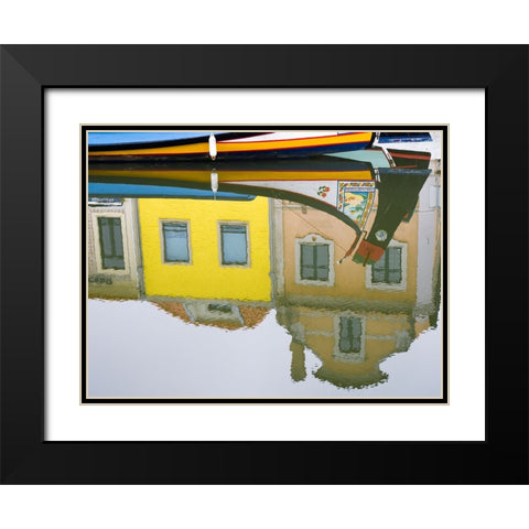 Portugal-Aveiro-Reflection of colorful buildings and painted Moliceiro boats in the canal Black Modern Wood Framed Art Print with Double Matting by Eggers, Julie