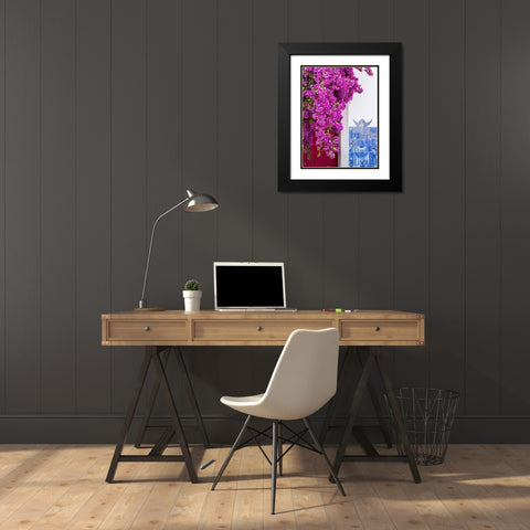 Portugal-Lisbon-Pink flowers of Bougainvillea plant and historical building next to Miradouro de Sa Black Modern Wood Framed Art Print with Double Matting by Eggers, Julie