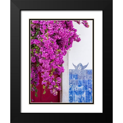 Portugal-Lisbon-Pink flowers of Bougainvillea plant and historical building next to Miradouro de Sa Black Modern Wood Framed Art Print with Double Matting by Eggers, Julie