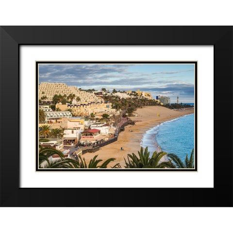 Canary Islands-Fuerteventura Island-Morro Jable-high angle view of Playa de la Cebada beach-sunset Black Modern Wood Framed Art Print with Double Matting by Bibikow, Walter