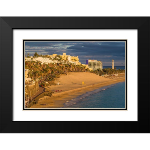 Canary Islands-Fuerteventura Island-Morro Jable-high angle view of Playa de la Cebada beach-sunset Black Modern Wood Framed Art Print with Double Matting by Bibikow, Walter