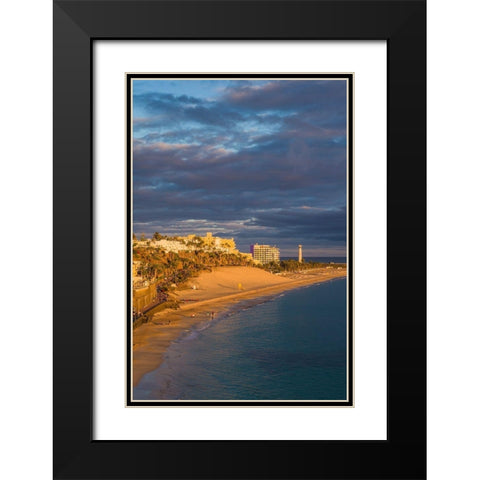 Canary Islands-Fuerteventura Island-Morro Jable-high angle view of Playa de la Cebada beach-sunset Black Modern Wood Framed Art Print with Double Matting by Bibikow, Walter