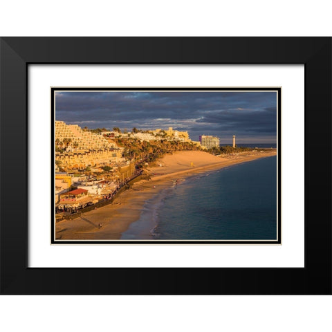Canary Islands-Fuerteventura Island-Morro Jable-high angle view of Playa de la Cebada beach-sunset Black Modern Wood Framed Art Print with Double Matting by Bibikow, Walter