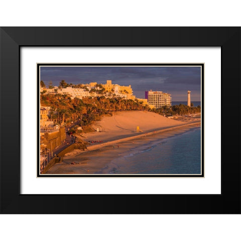 Canary Islands-Fuerteventura Island-Morro Jable-high angle view of Playa de la Cebada beach-sunset Black Modern Wood Framed Art Print with Double Matting by Bibikow, Walter