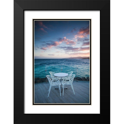 Canary Islands-Fuerteventura Island-Caleta de Fuste-Puerto Deportivo-harbor cafe-dusk Black Modern Wood Framed Art Print with Double Matting by Bibikow, Walter
