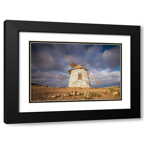 Canary Islands-Fuerteventura Island-La Oliva-traditional windmill Black Modern Wood Framed Art Print with Double Matting by Bibikow, Walter