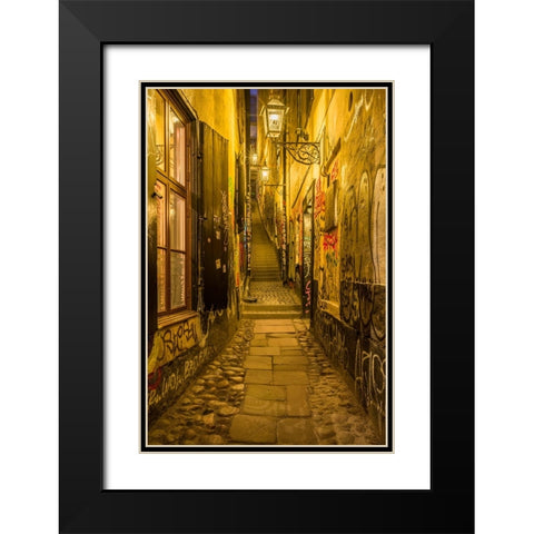 Sweden-Stockholm-Gamla Stan-Old Town-Marten Trotzigs Grand-narrowest street in Stockholm-evening Black Modern Wood Framed Art Print with Double Matting by Bibikow, Walter