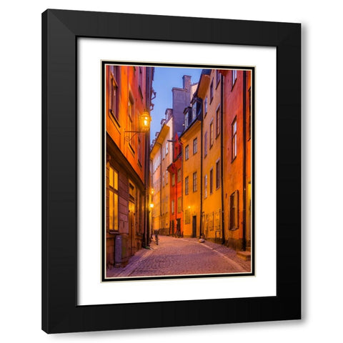 Sweden-Stockholm-Gamla Stan-Old Town-Royal Palace-old town street-dusk Black Modern Wood Framed Art Print with Double Matting by Bibikow, Walter