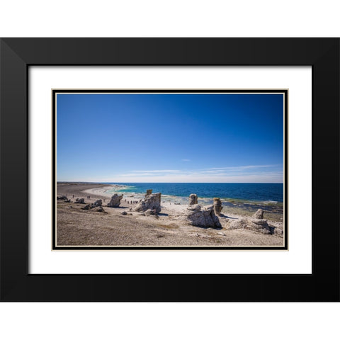Sweden-Faro Island-Langhammars Area-Langhammar coastal limestone rauk rocks with visitors Black Modern Wood Framed Art Print with Double Matting by Bibikow, Walter