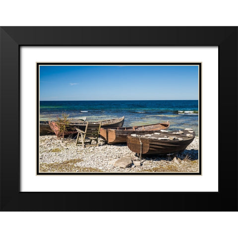 Sweden-Faro Island-Kursviken-coastal farmers fishing boats Black Modern Wood Framed Art Print with Double Matting by Bibikow, Walter