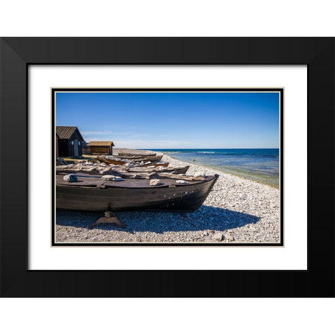 Sweden-Faro Island-Kursviken-coastal farmers fishing boats Black Modern Wood Framed Art Print with Double Matting by Bibikow, Walter