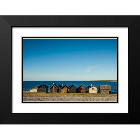 Sweden-Faro Island-Kursviken-coastal farmers fishing shacks-sunset Black Modern Wood Framed Art Print with Double Matting by Bibikow, Walter