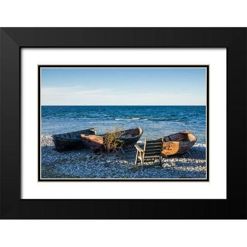 Sweden-Faro Island-Kursviken-coastal farmers fishing boats-sunset Black Modern Wood Framed Art Print with Double Matting by Bibikow, Walter