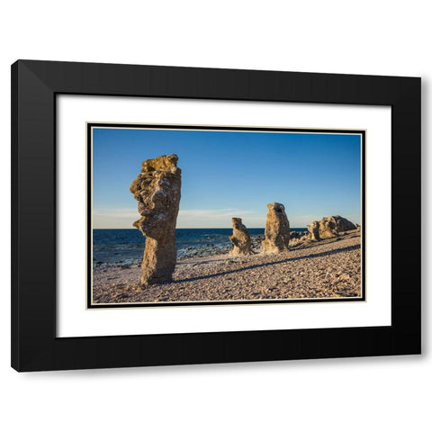 Sweden-Faro Island-Langhammars Area-Langhammar coastal limestone rauk rock-sunset Black Modern Wood Framed Art Print with Double Matting by Bibikow, Walter