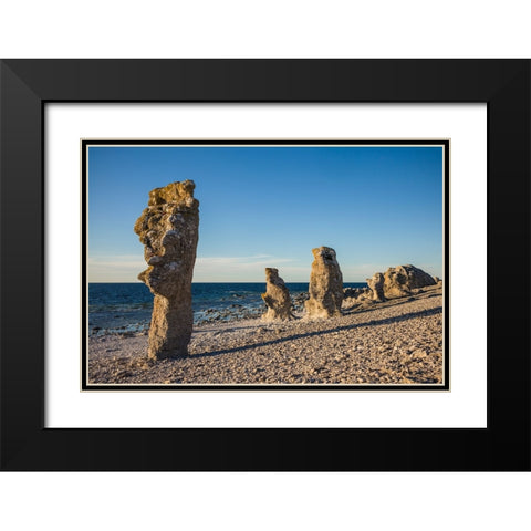Sweden-Faro Island-Langhammars Area-Langhammar coastal limestone rauk rock-sunset Black Modern Wood Framed Art Print with Double Matting by Bibikow, Walter