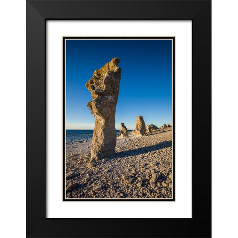 Sweden-Faro Island-Langhammars Area-Langhammar coastal limestone rauk rock-sunset Black Modern Wood Framed Art Print with Double Matting by Bibikow, Walter