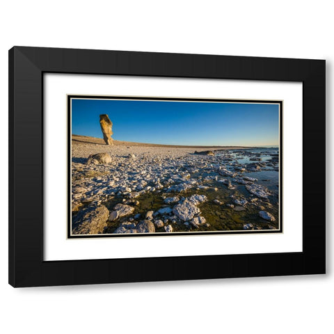 Sweden-Faro Island-Langhammars Area-Langhammar coastal limestone rauk rock-sunset Black Modern Wood Framed Art Print with Double Matting by Bibikow, Walter