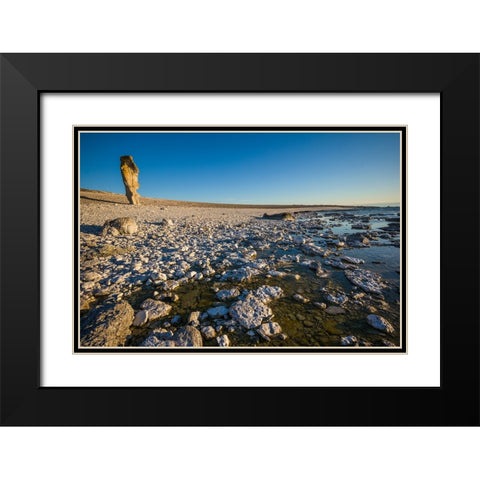 Sweden-Faro Island-Langhammars Area-Langhammar coastal limestone rauk rock-sunset Black Modern Wood Framed Art Print with Double Matting by Bibikow, Walter