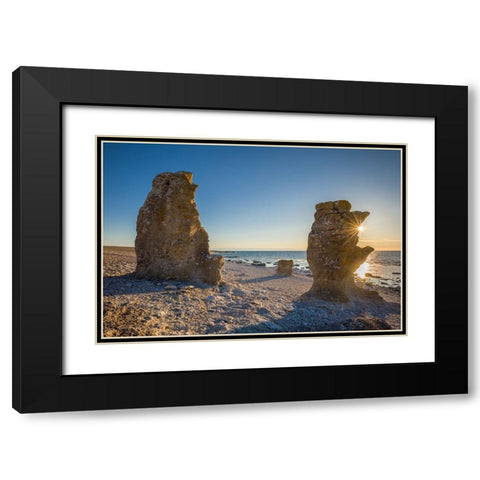 Sweden-Faro Island-Langhammars Area-Langhammar coastal limestone rauk rock-sunset Black Modern Wood Framed Art Print with Double Matting by Bibikow, Walter