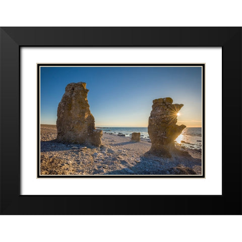 Sweden-Faro Island-Langhammars Area-Langhammar coastal limestone rauk rock-sunset Black Modern Wood Framed Art Print with Double Matting by Bibikow, Walter