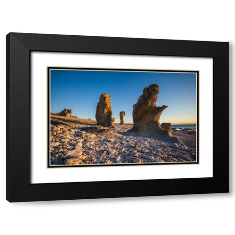 Sweden-Faro Island-Langhammars Area-Langhammar coastal limestone rauk rock-sunset Black Modern Wood Framed Art Print with Double Matting by Bibikow, Walter
