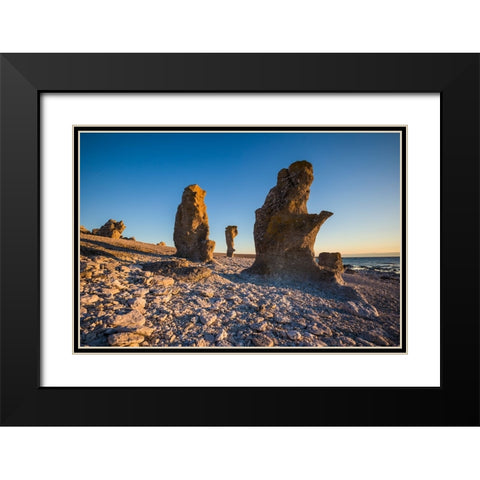 Sweden-Faro Island-Langhammars Area-Langhammar coastal limestone rauk rock-sunset Black Modern Wood Framed Art Print with Double Matting by Bibikow, Walter
