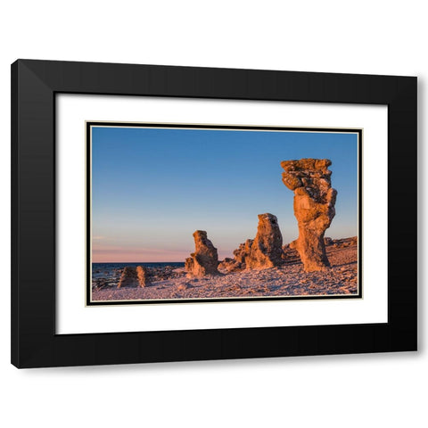 Sweden-Faro Island-Langhammars Area-Langhammar coastal limestone rauk rock-sunset Black Modern Wood Framed Art Print with Double Matting by Bibikow, Walter