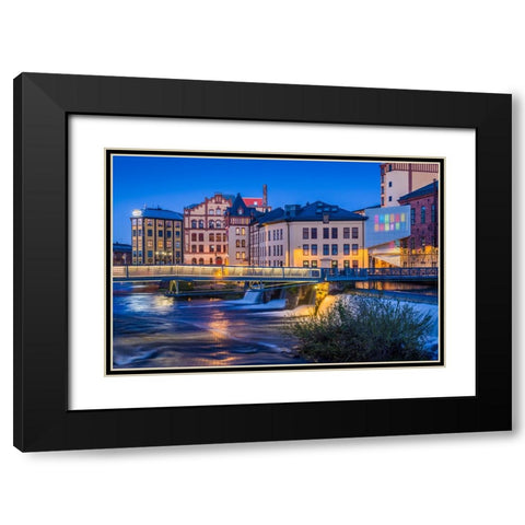 Sweden-Norrkoping-early Swedish industrial town-factory buildings-dusk Black Modern Wood Framed Art Print with Double Matting by Bibikow, Walter