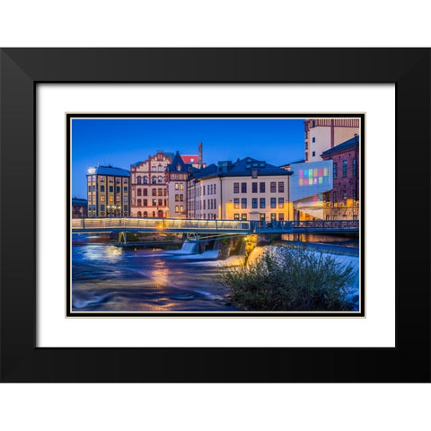 Sweden-Norrkoping-early Swedish industrial town-factory buildings-dusk Black Modern Wood Framed Art Print with Double Matting by Bibikow, Walter