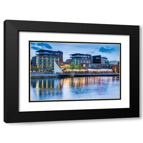 Sweden-Lake Vattern Area-Jonkoping-renovated harbor area along Munksjon Bay-dusk Black Modern Wood Framed Art Print with Double Matting by Bibikow, Walter