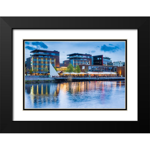 Sweden-Lake Vattern Area-Jonkoping-renovated harbor area along Munksjon Bay-dusk Black Modern Wood Framed Art Print with Double Matting by Bibikow, Walter